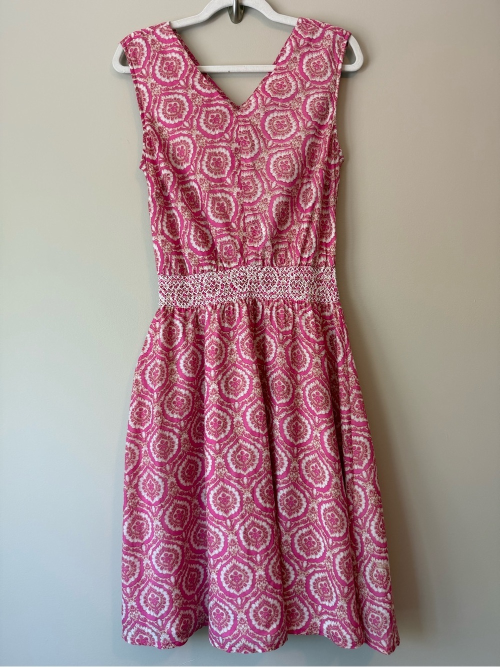Roller Rabbit Pink Medallion Print Dress Smocked Waist Cotton Silk | No Tag